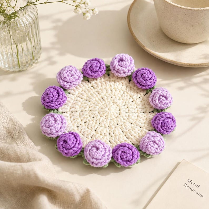 Gehäkelter Blumenuntersetzer, Boho-Tassenset, florale Tischdekoration, handgefertigt, 20 cm, für Tassen und Gläser