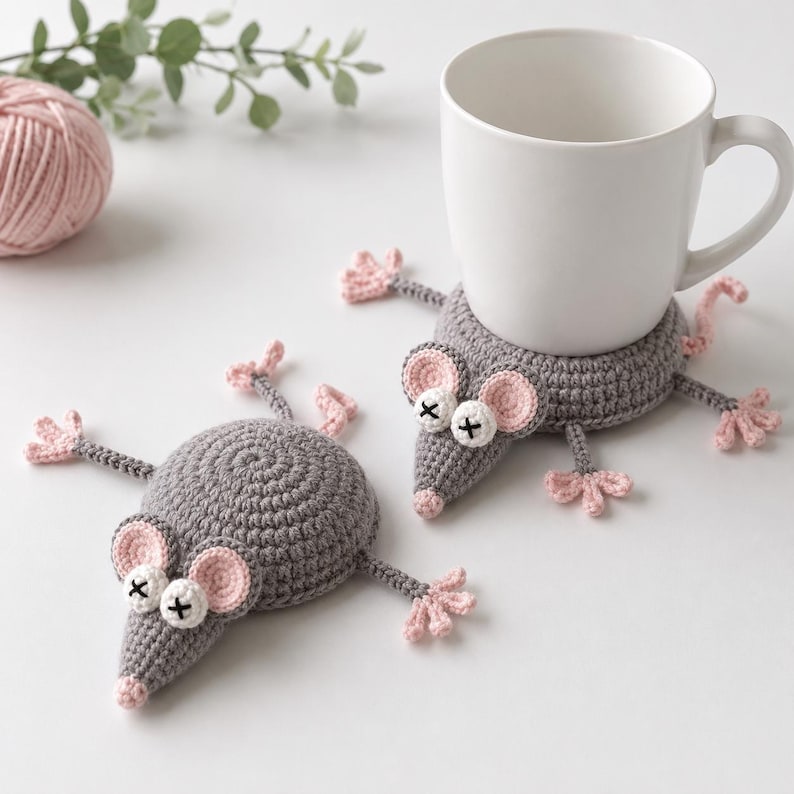 Gehäkelter Maus-Tassenuntersetzer, Grau mit Rosa Ohren, 3D Tierform für Kaffeetassen