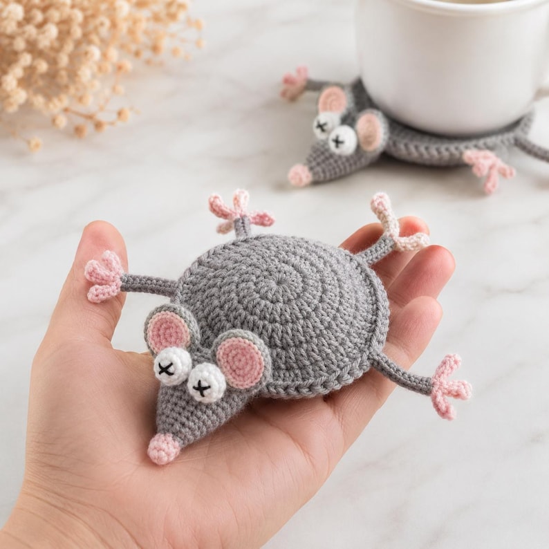 Gehäkelter Maus-Tassenuntersetzer, Grau mit Rosa Ohren, 3D Tierform für Kaffeetassen