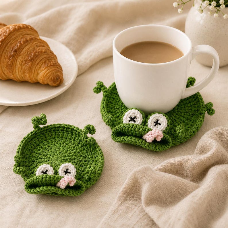 Gehäkelter Frosch-Tassenuntersetzer, grüner Pop-up-Tieruntersetzer