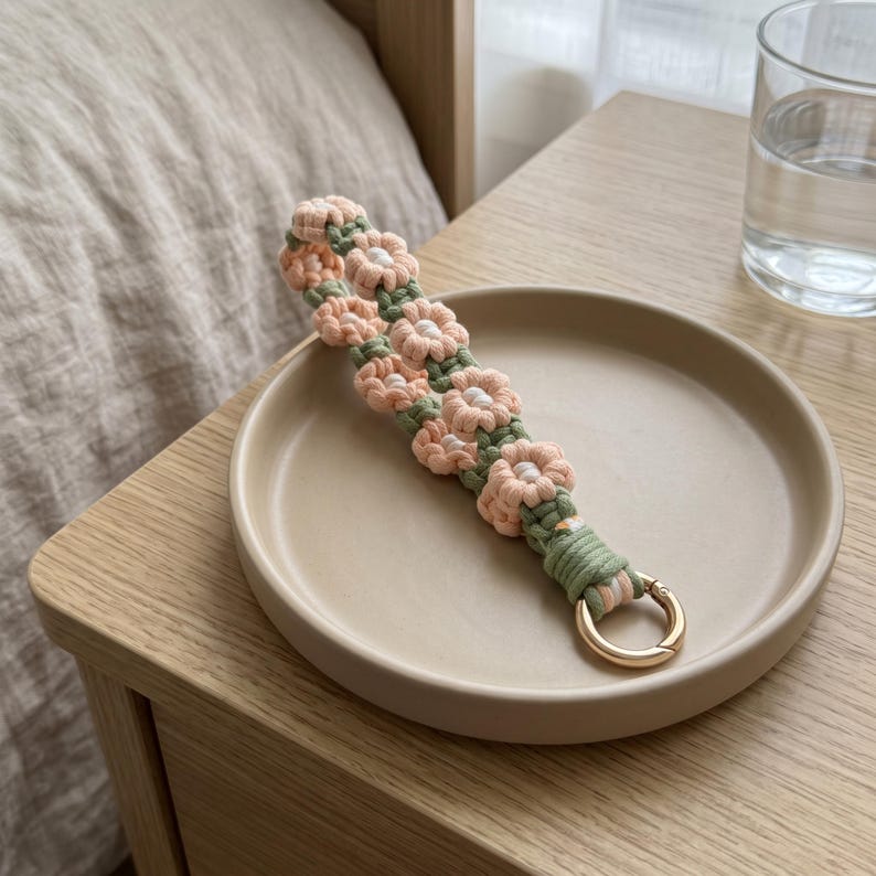 Gehäkeltes Gänseblümchen-Handyarmband mit O-Ring-Verschluss, 20 cm Länge