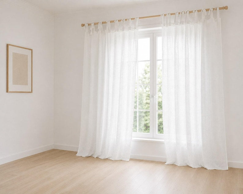 Weiße Leinen-Schleifengardinen, Verdunkelungsvorhänge, Landhaus-Wohnzimmergardine, individuelle Länge