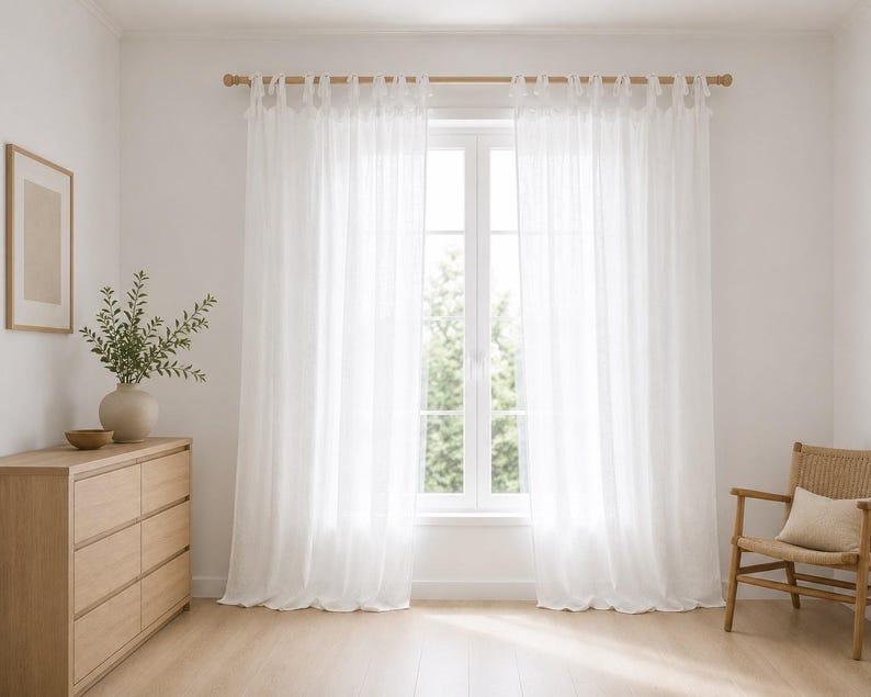 Weiße Leinen-Schleifengardinen, Verdunkelungsvorhänge, Landhaus-Wohnzimmergardine, individuelle Länge