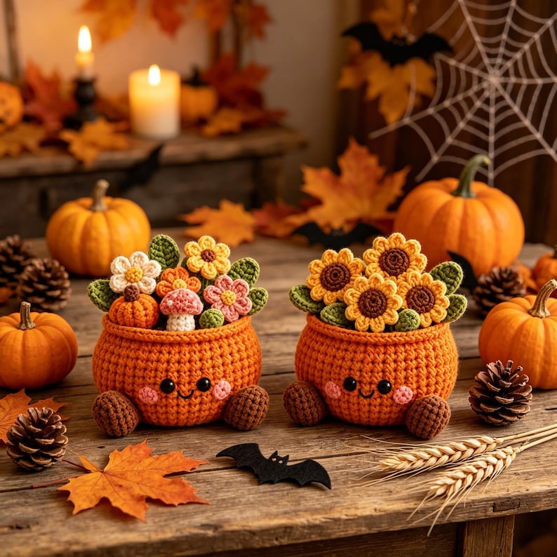 Gehäkelter Kürbis-Blumentopf Herbstdeko Schreibtisch Dekoration Halloween Erntedankfest