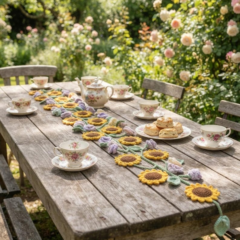 Gehäkelter Sonnenblumen-Vorhang, Fenstergardine mit Blumenmuster, Boho-Landhausstil, gelb, für Küche und Wohnzimmer