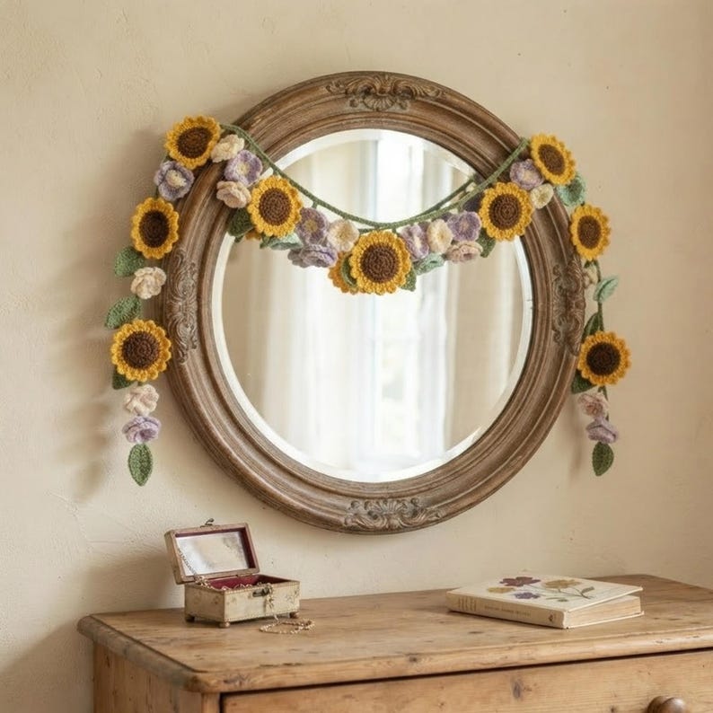 Gehäkelter Sonnenblumen-Vorhang, Fenstergardine mit Blumenmuster, Boho-Landhausstil, gelb, für Küche und Wohnzimmer
