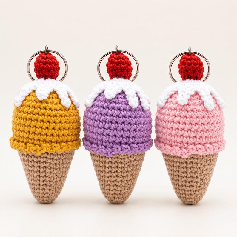 Gehäkelter Eiscreme-Schlüsselanhänger Amigurumi Eistüte Kawaii Taschenanhänger Rucksackanhänger