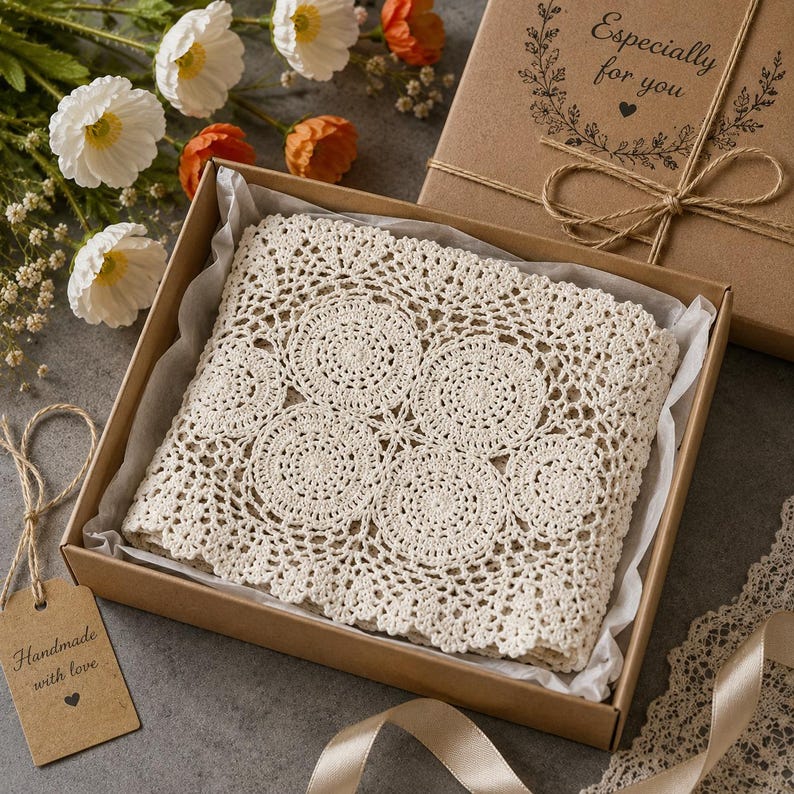 Ovales gehäkeltes Deckchen als Platzset im Vintage-Spitzenstil, Tischdeko im Shabby-Chic-Cottagecore-Stil