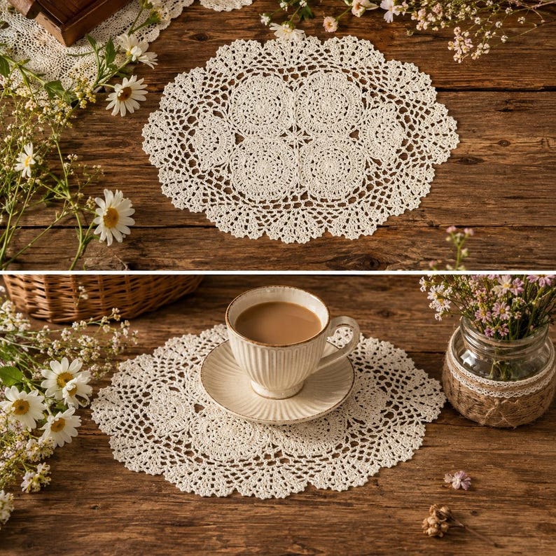 Ovales gehäkeltes Deckchen als Platzset im Vintage-Spitzenstil, Tischdeko im Shabby-Chic-Cottagecore-Stil