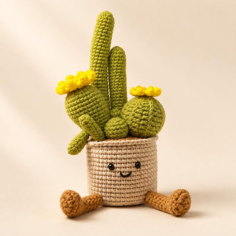 Gehäkelter Kaktustopf mit baumelnden Beinen, Amigurumi-Pflanze, Schreibtischdeko für Pflanzenliebhaber
