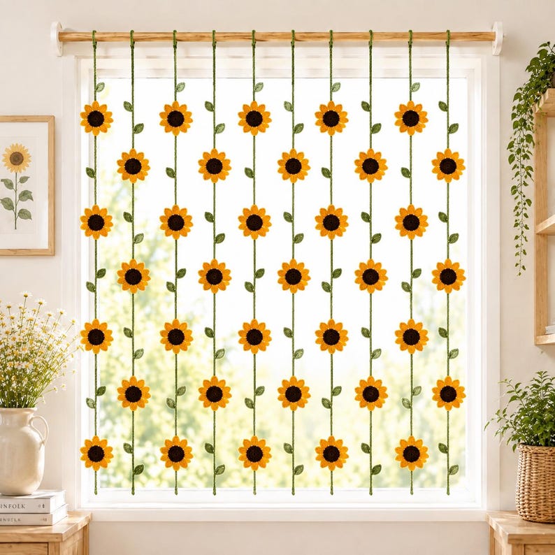 Gehäkelte Sonnenblumen-Gardine, Blumen-Gardinenschleife, Boho-Wandbehang, 6 Stränge mit 5 Blumen, Sonnenblumen-Zimmerdeko für Fenster