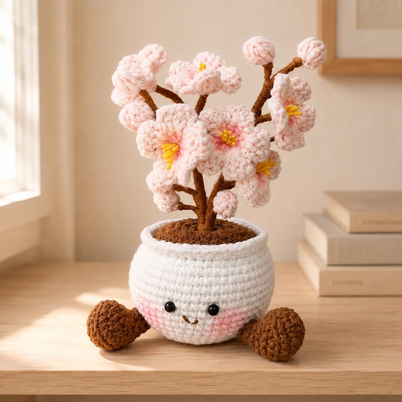 Gehäkelter Kirschblütenbaum mit Topf, Schreibtischdeko, Sakura Amigurumi, 25-27 cm, Garn