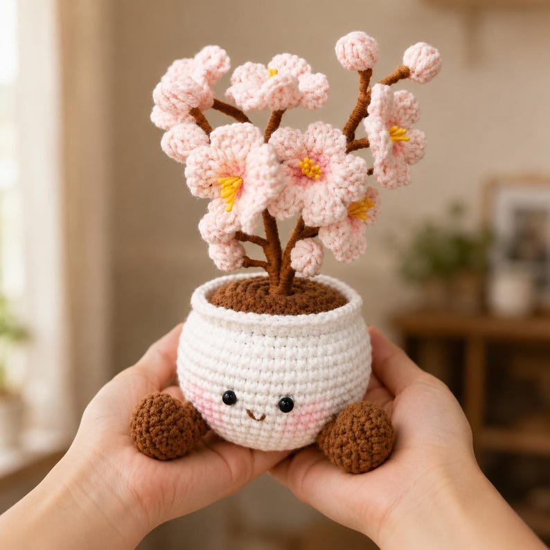 Gehäkelter Kirschblütenbaum mit Topf, Schreibtischdeko, Sakura Amigurumi, 25-27 cm, Garn