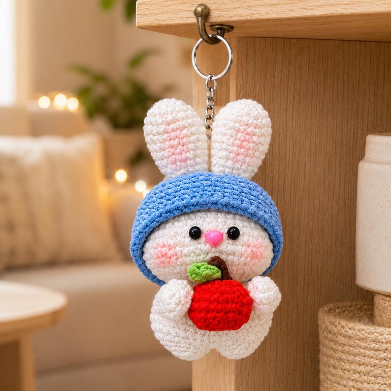 Gehäkelter Hasen-Schlüsselanhänger mit Apfel, handgefertigtes Accessoire