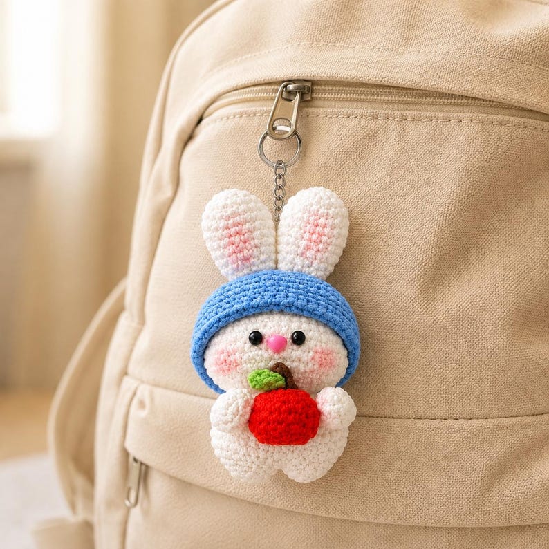 Gehäkelter Hasen-Schlüsselanhänger mit Apfel, handgefertigtes Accessoire