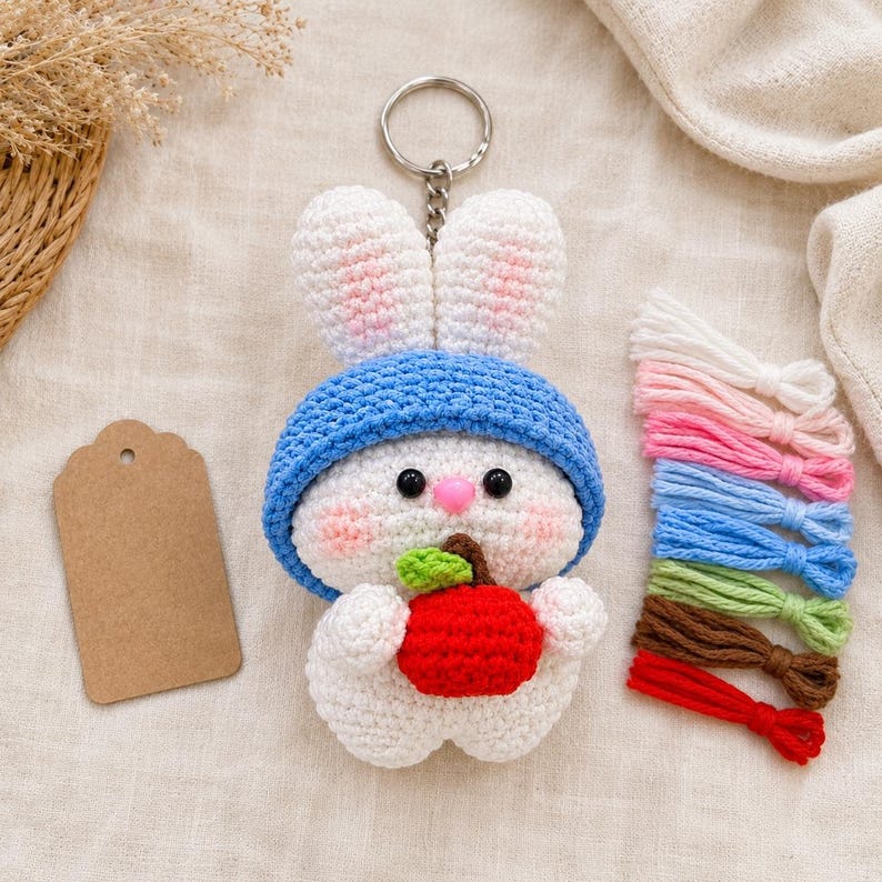 Gehäkelter Hasen-Schlüsselanhänger mit Apfel, handgefertigtes Accessoire