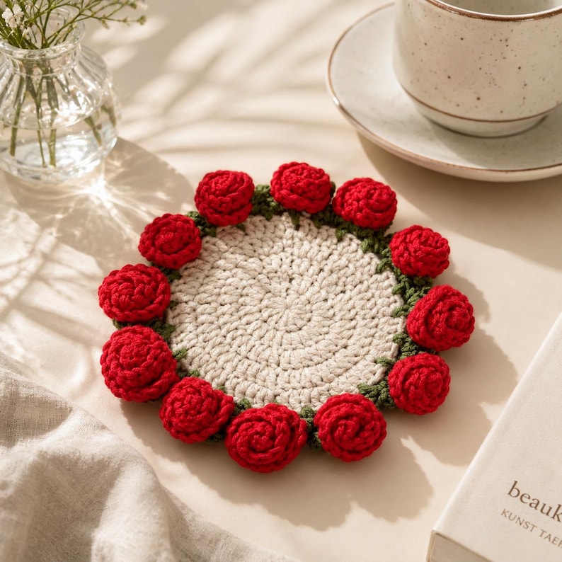 Gehäkelter Blumenuntersetzer, Boho-Tassenset, florale Tischdekoration, handgefertigt, 20 cm, für Tassen und Gläser