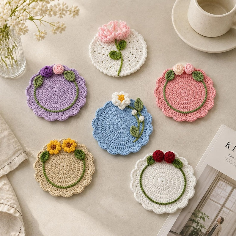 Gehäkelter Blumenuntersetzer, Boho-Tassenset, florale Tischdekoration, handgefertigt, 20 cm, für Tassen und Gläser