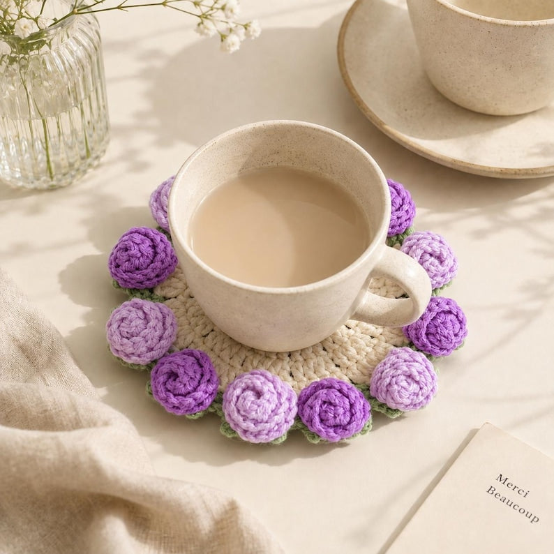 Gehäkelter Blumenuntersetzer, Boho-Tassenset, florale Tischdekoration, handgefertigt, 20 cm, für Tassen und Gläser