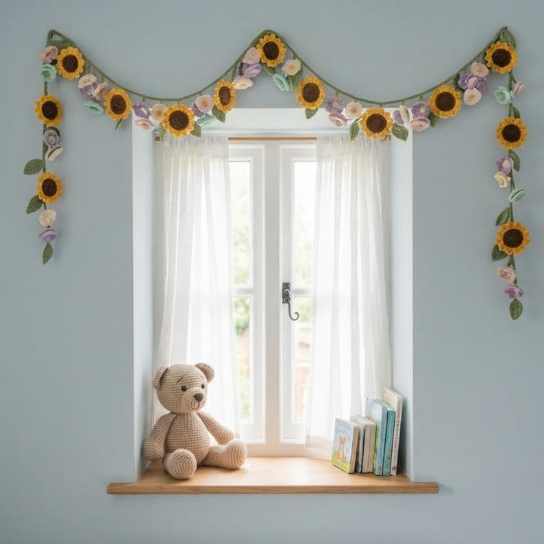 Gehäkelter Sonnenblumen-Vorhang, Fenstergardine mit Blumenmuster, Boho-Landhausstil, gelb, für Küche und Wohnzimmer
