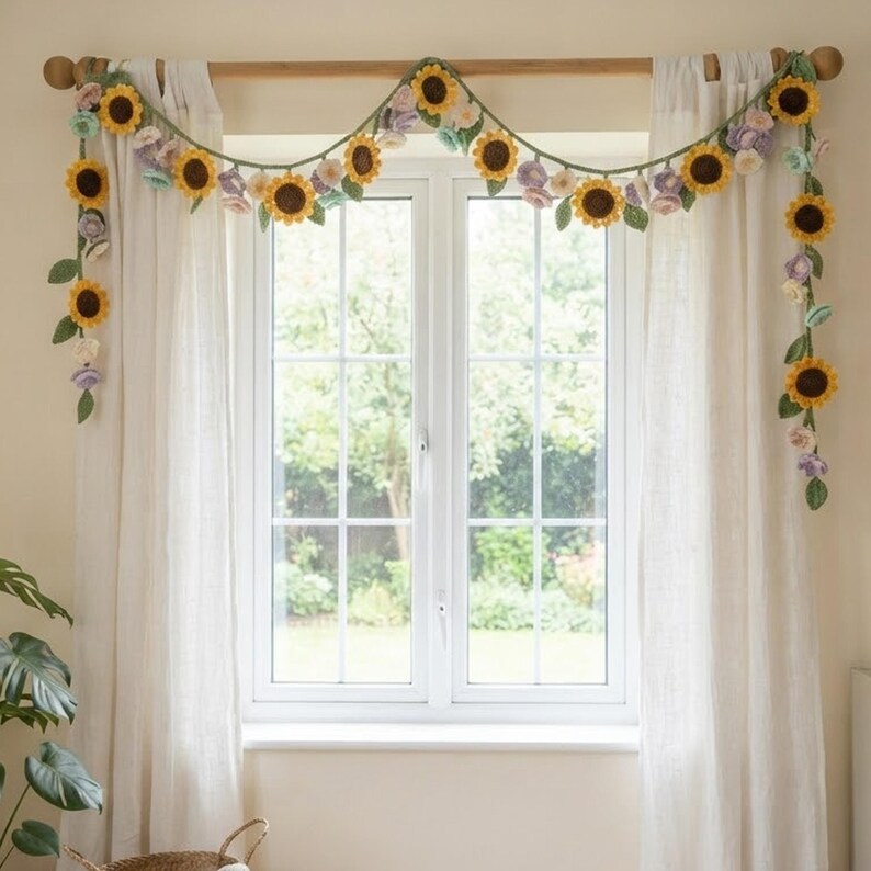 Gehäkelter Sonnenblumen-Vorhang, Fenstergardine mit Blumenmuster, Boho-Landhausstil, gelb, für Küche und Wohnzimmer