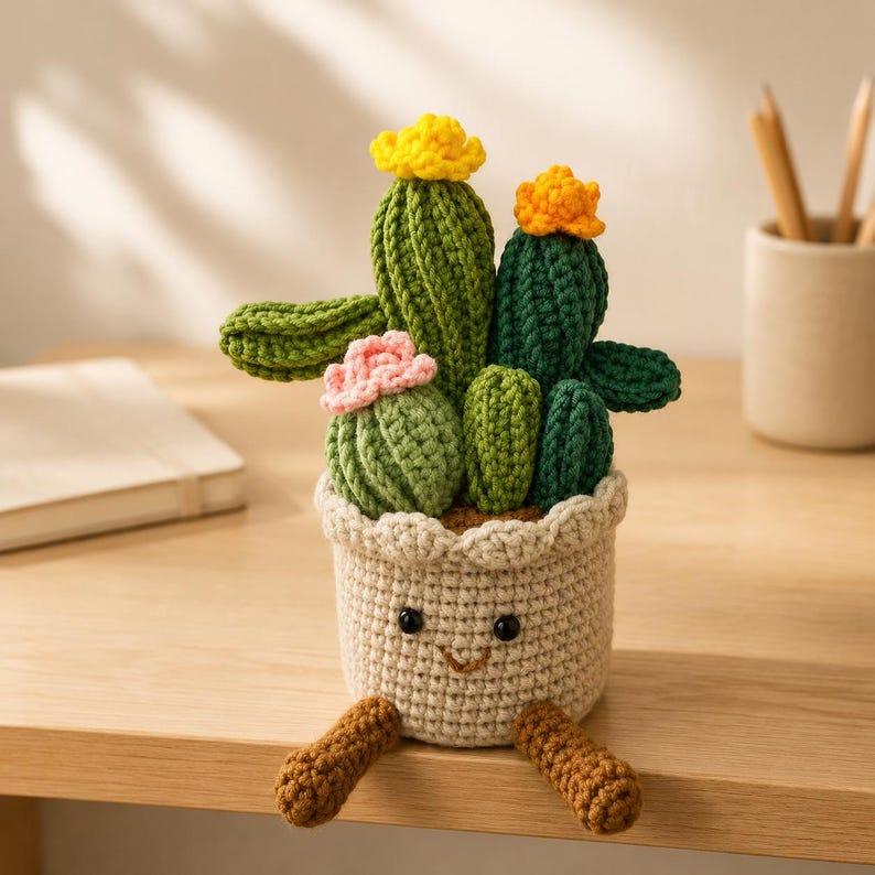 Gehäkelter Kaktustopf mit baumelnden Beinen, Amigurumi-Pflanze, Schreibtischdeko für Pflanzenliebhaber