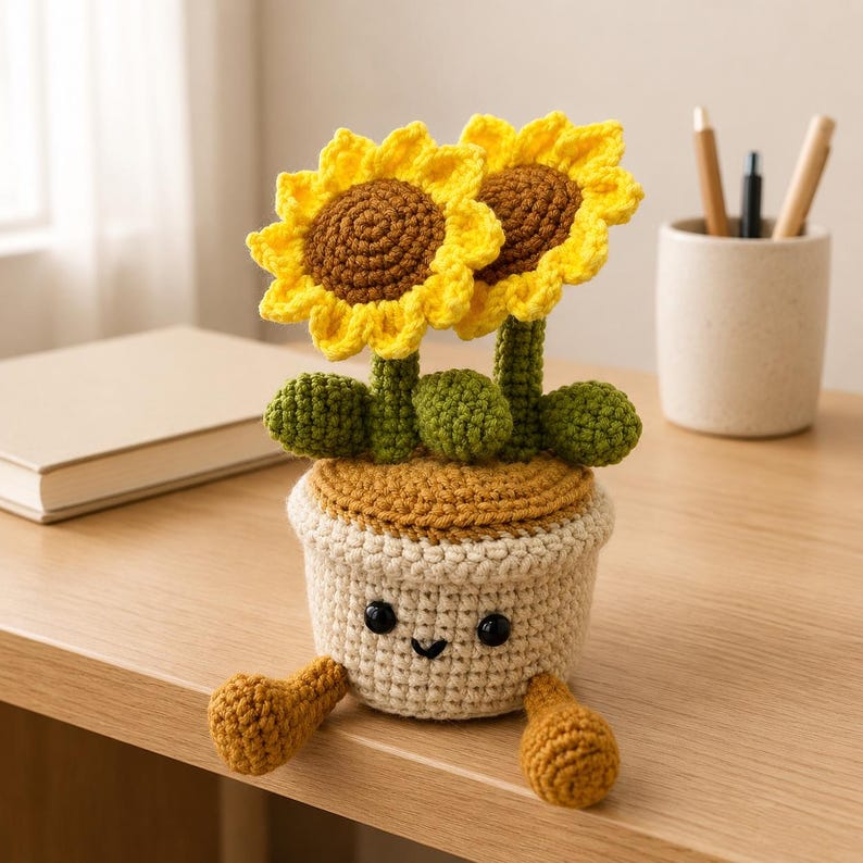 Gehäkelter Blumentopf mit baumelnden Beinen, Sonnenblumen-Schreibtischdekoration