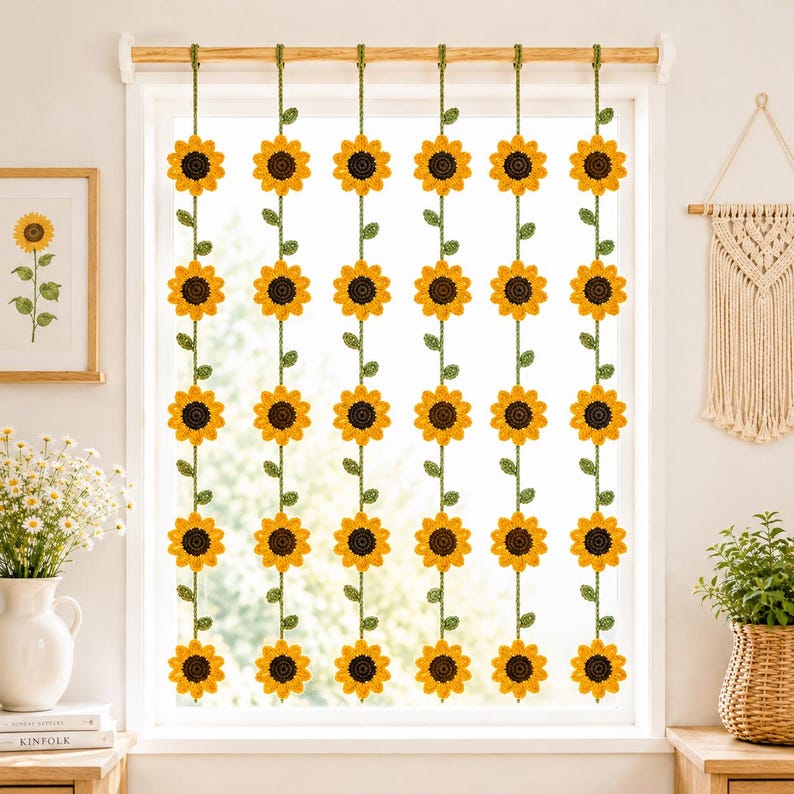 Gehäkelte Sonnenblumen-Gardine, Blumen-Gardinenschleife, Boho-Wandbehang, 6 Stränge mit 5 Blumen, Sonnenblumen-Zimmerdeko für Fenster