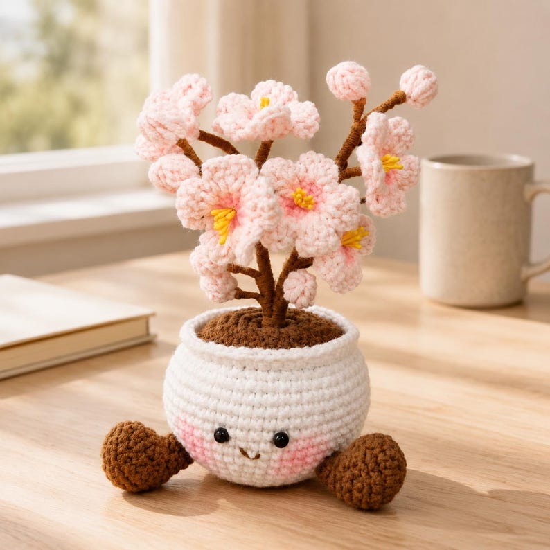 Gehäkelter Kirschblütenbaum mit Topf, Schreibtischdeko, Sakura Amigurumi, 25-27 cm, Garn