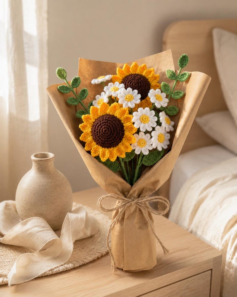 Gehäkelter Sonnenblumen- und Gänseblümchenstrauß mit Juteband, handgefertigt, Deko
