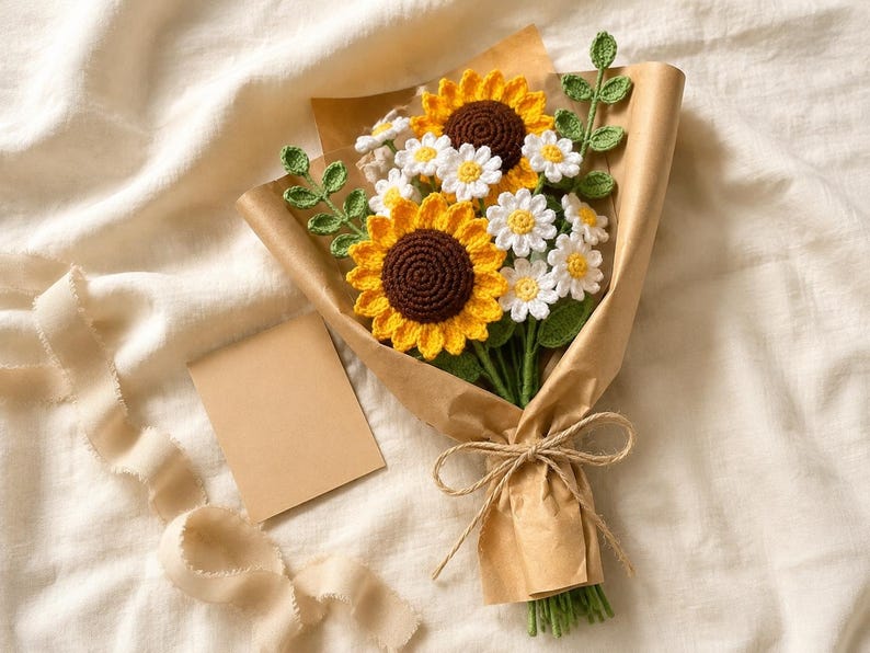 Gehäkelter Sonnenblumen- und Gänseblümchenstrauß mit Juteband, handgefertigt, Deko