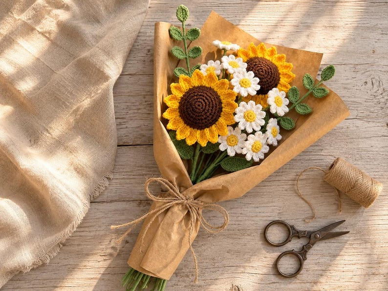 Gehäkelter Sonnenblumen- und Gänseblümchenstrauß mit Juteband, handgefertigt, Deko