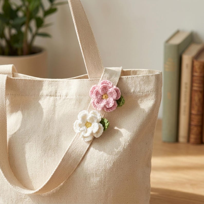 Gehäkelte Kamelienblüten-Verzierung für Taschen, handgefertigt, erhältlich in 6 Farben