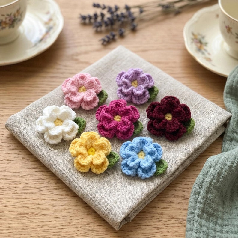 Gehäkelte Kamelienblüten-Verzierung für Taschen, handgefertigt, erhältlich in 6 Farben