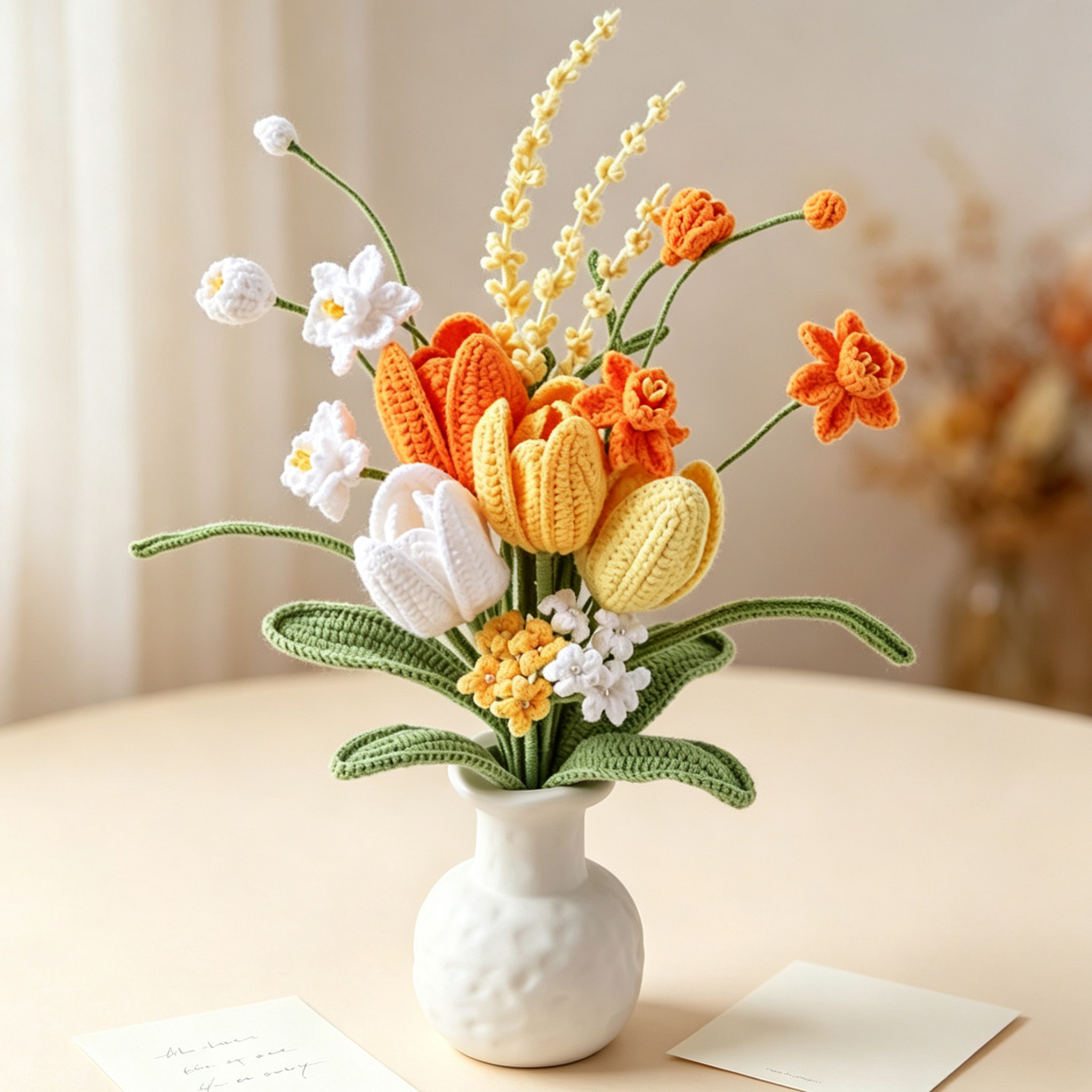 Gehäkelter Blumenstrauß mit Tulpen und Lavendel, handgemachte Strickblumen Deko, 30-35 cm